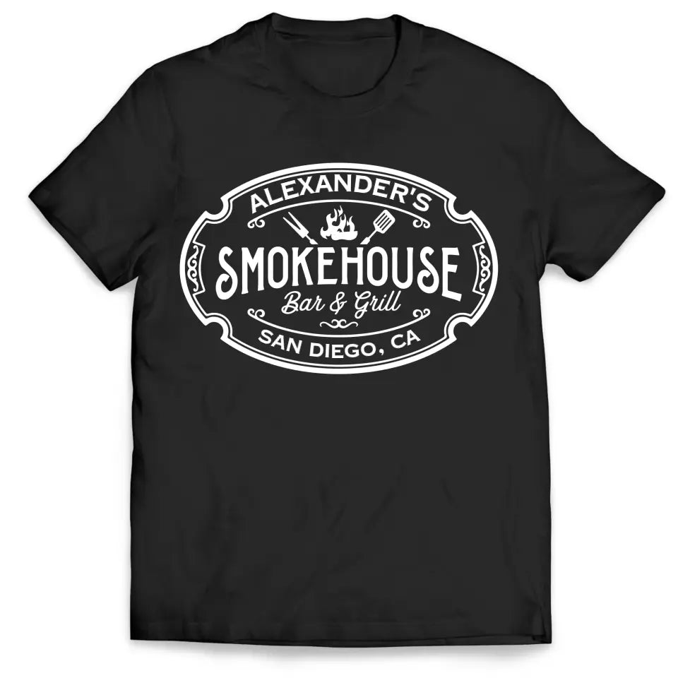 Custom Smokehouse Bar &amp; Grill - Personalized T-Shirt, Funny Grilling Gift, Smoker Shirt - TS1066