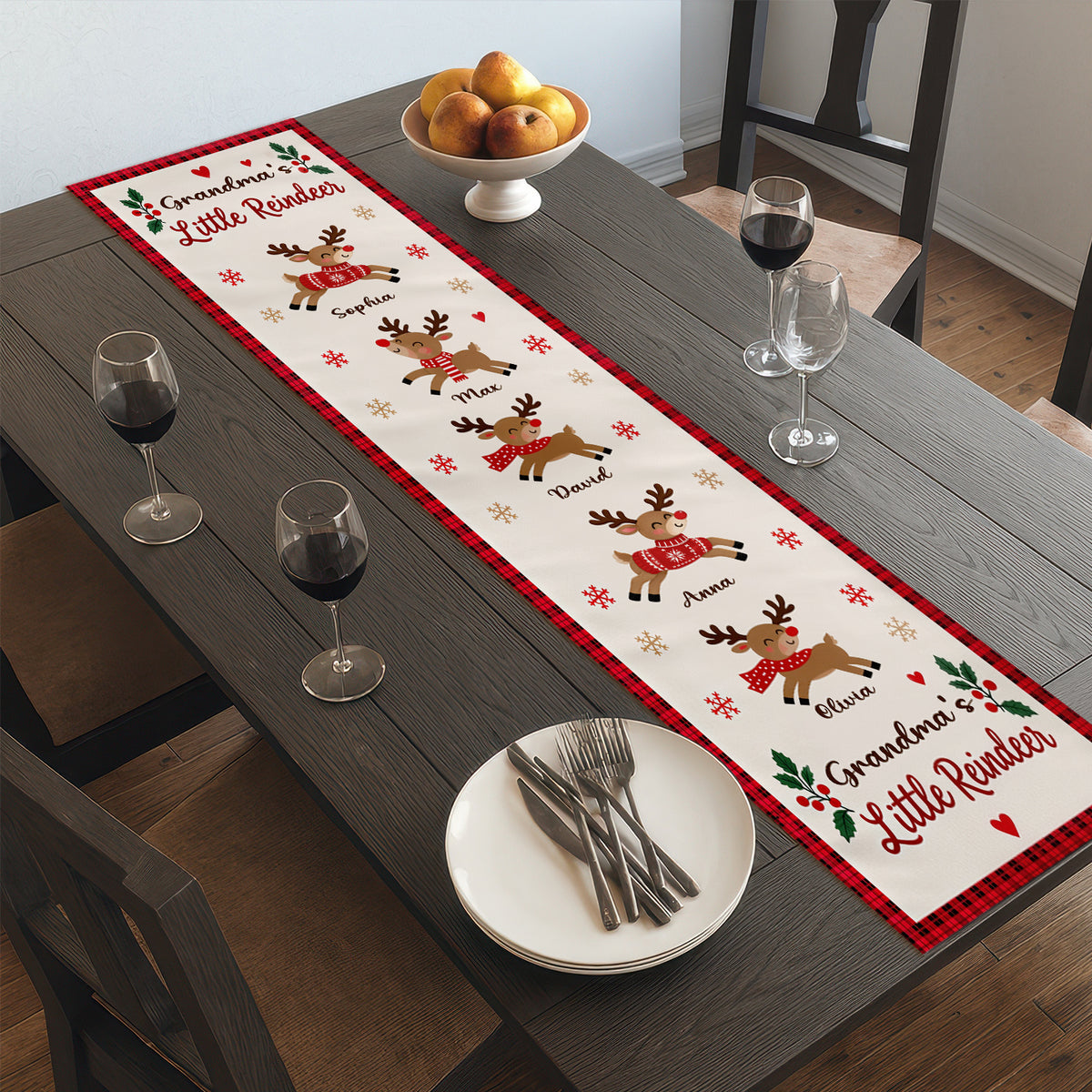 Grandma's Little Reindeer Christmas Personalized Table Runner, Custom Grandkids Names Holiday Table Decor, Cute Reindeer Family Dining Runner, Xmas Gift for Grandma