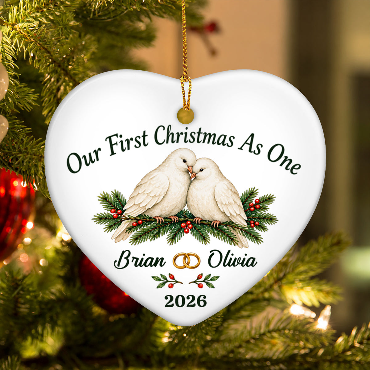 Our First Christmas As One- Personalized Ceramic Ornament, Custom Names And Year With Winter Doves, Christmas Gift for Couples