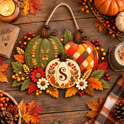 Fall Pumpkin Door Hanger 2026 - Personalized Wooden Sign, Vintage Harvest Wall Decor Custom Floral Autumn Front Porch Decor Housewarming Gift
