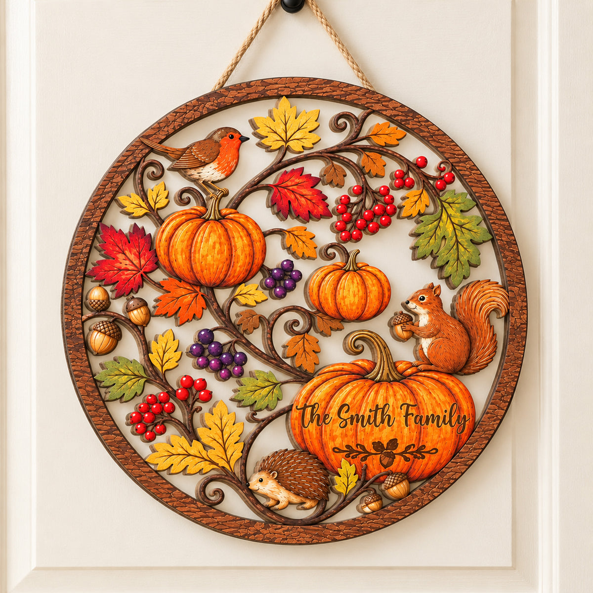 Made With Love For Our Cozy Fall Home - Personalized Wooden Sign, Woodland Animal Fall Porch Decor, Rustic Harvest Wreath Sign