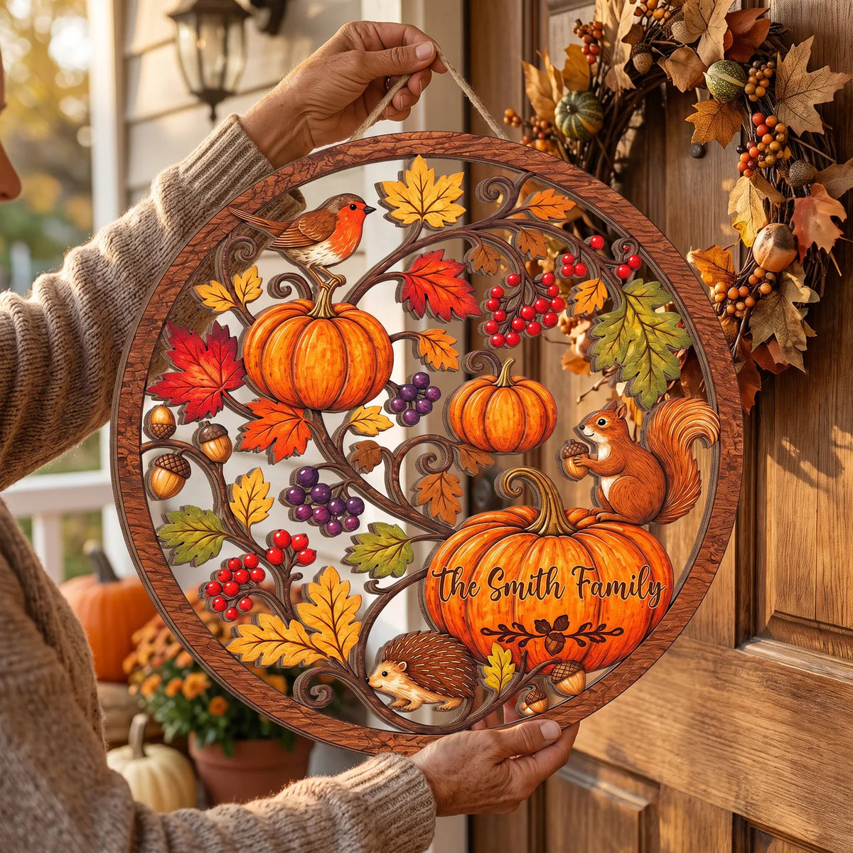 Made With Love For Our Cozy Fall Home - Personalized Wooden Sign, Woodland Animal Fall Porch Decor, Rustic Harvest Wreath Sign