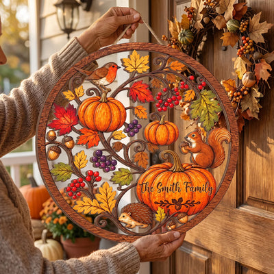Made With Love For Our Cozy Fall Home - Personalized Wooden Sign, Woodland Animal Fall Porch Decor, Rustic Harvest Wreath Sign