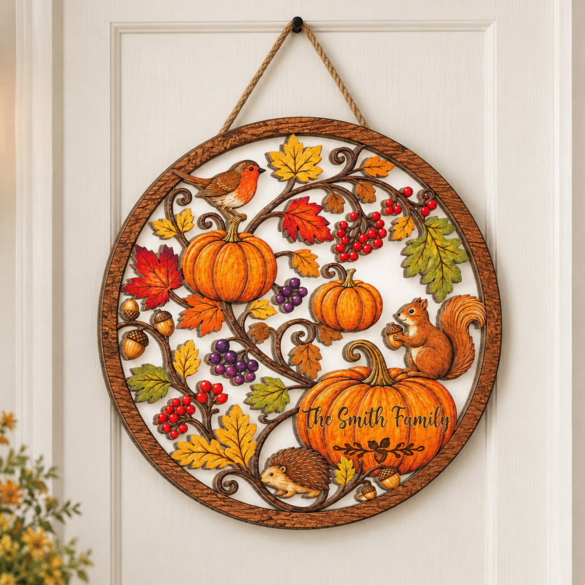 Made With Love For Our Cozy Fall Home - Personalized Wooden Sign, Woodland Animal Fall Porch Decor, Rustic Harvest Wreath Sign