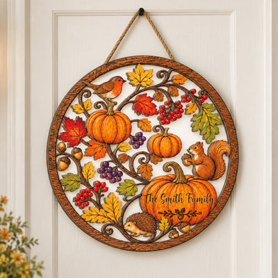 Made With Love For Our Cozy Fall Home - Personalized Wooden Sign, Woodland Animal Fall Porch Decor, Rustic Harvest Wreath Sign