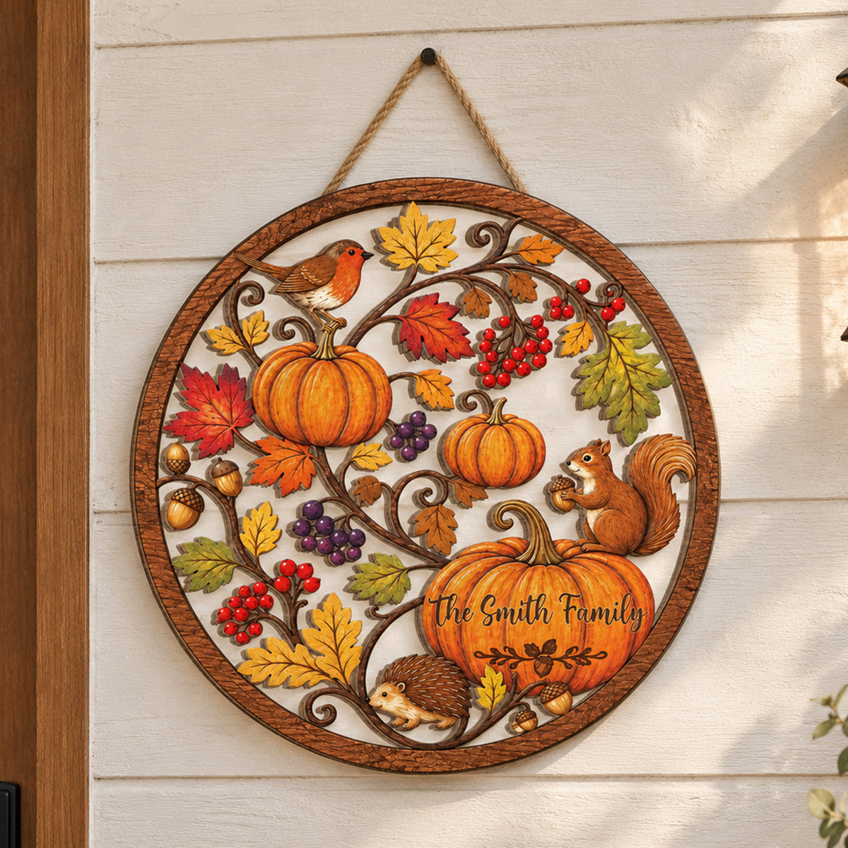 Made With Love For Our Cozy Fall Home - Personalized Wooden Sign, Woodland Animal Fall Porch Decor, Rustic Harvest Wreath Sign