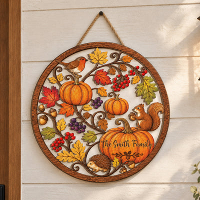 Made With Love For Our Cozy Fall Home - Personalized Wooden Sign, Woodland Animal Fall Porch Decor, Rustic Harvest Wreath Sign