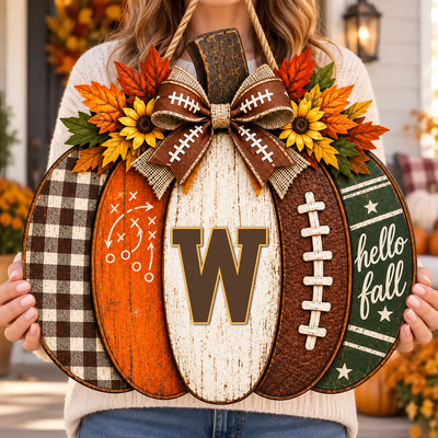 Our Season Begins Here - Personalized Wooden Sign, Autumn Gift For Football Lovers, Pumpkin Door Decor