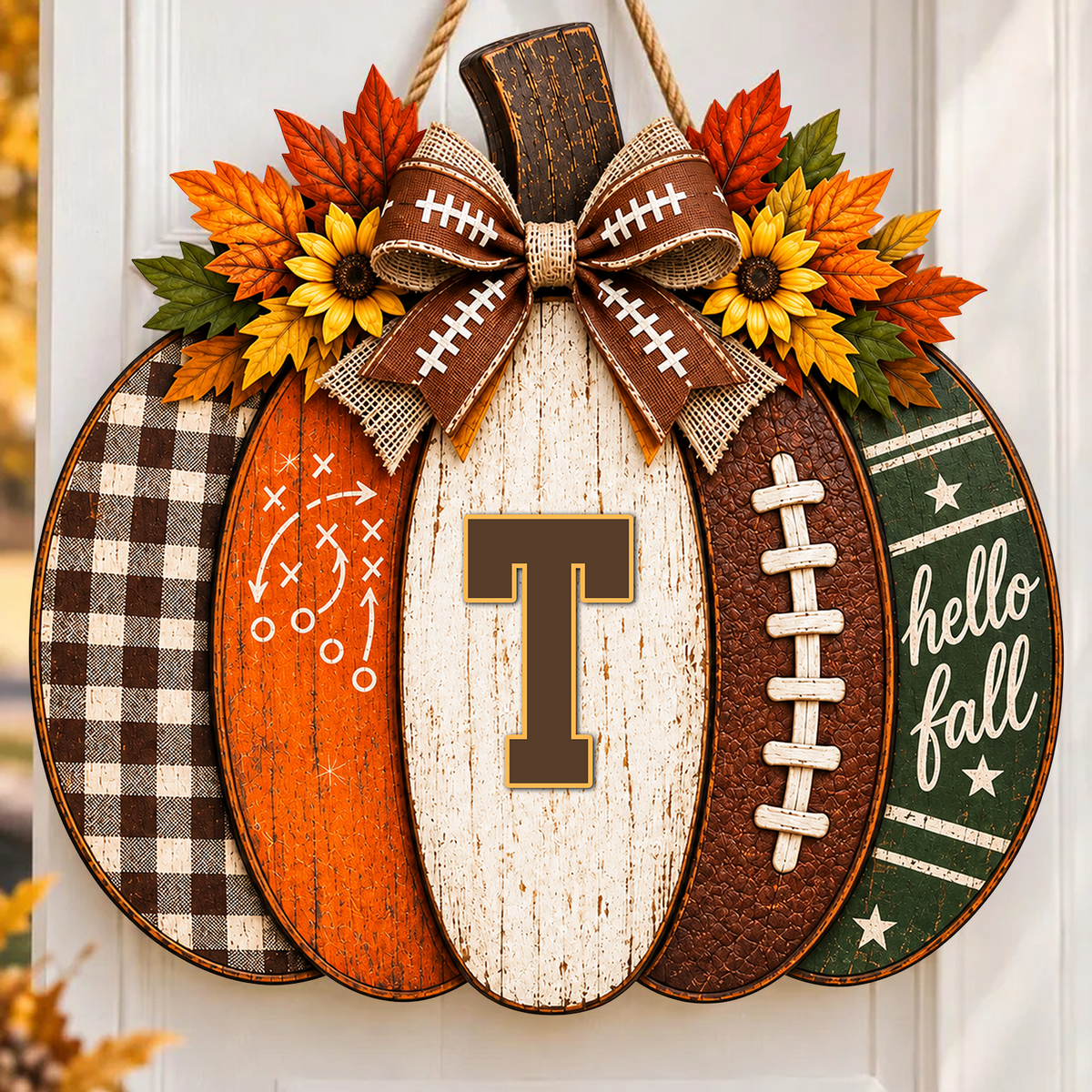 Our Season Begins Here - Personalized Wooden Sign, Autumn Gift For Football Lovers, Pumpkin Door Decor