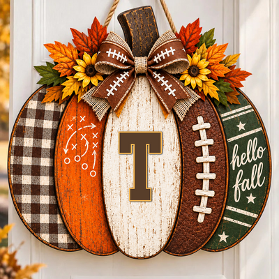 Our Season Begins Here - Personalized Wooden Sign, Autumn Gift For Football Lovers, Pumpkin Door Decor