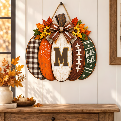 Our Season Begins Here - Personalized Wooden Sign, Autumn Gift For Football Lovers, Pumpkin Door Decor