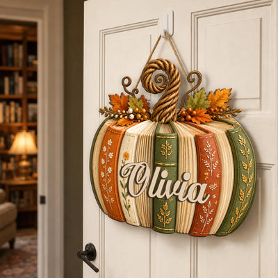 Lost In Books, Found in My Happy Place - Personalized 2 Layer Wooden Sign, Book Lover Pumpkin With Custom Name