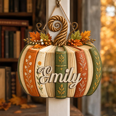 Lost In Books, Found in My Happy Place - Personalized 2 Layer Wooden Sign, Book Lover Pumpkin With Custom Name
