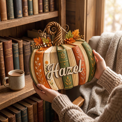 Lost In Books, Found in My Happy Place - Personalized 2 Layer Wooden Sign, Book Lover Pumpkin With Custom Name