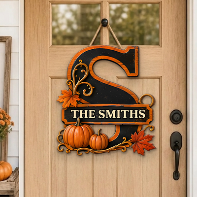 Fall Monogram - Personalized Wooden Sign, Custom Family Name Door Hanger, Pumpkin Sign, Autumn Front Door Decor