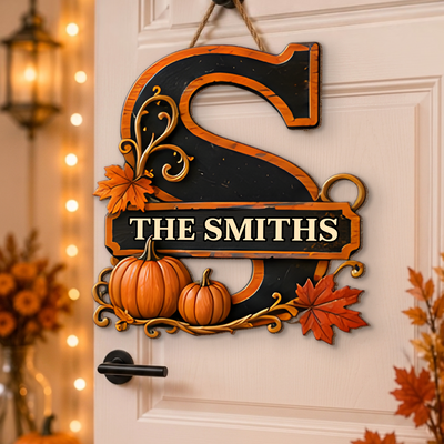 Fall Monogram - Personalized Wooden Sign, Custom Family Name Door Hanger, Pumpkin Sign, Autumn Front Door Decor
