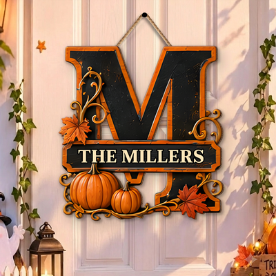 Fall Monogram - Personalized Wooden Sign, Custom Family Name Door Hanger, Pumpkin Sign, Autumn Front Door Decor