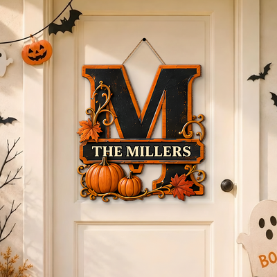 Fall Monogram - Personalized Wooden Sign, Custom Family Name Door Hanger, Pumpkin Sign, Autumn Front Door Decor