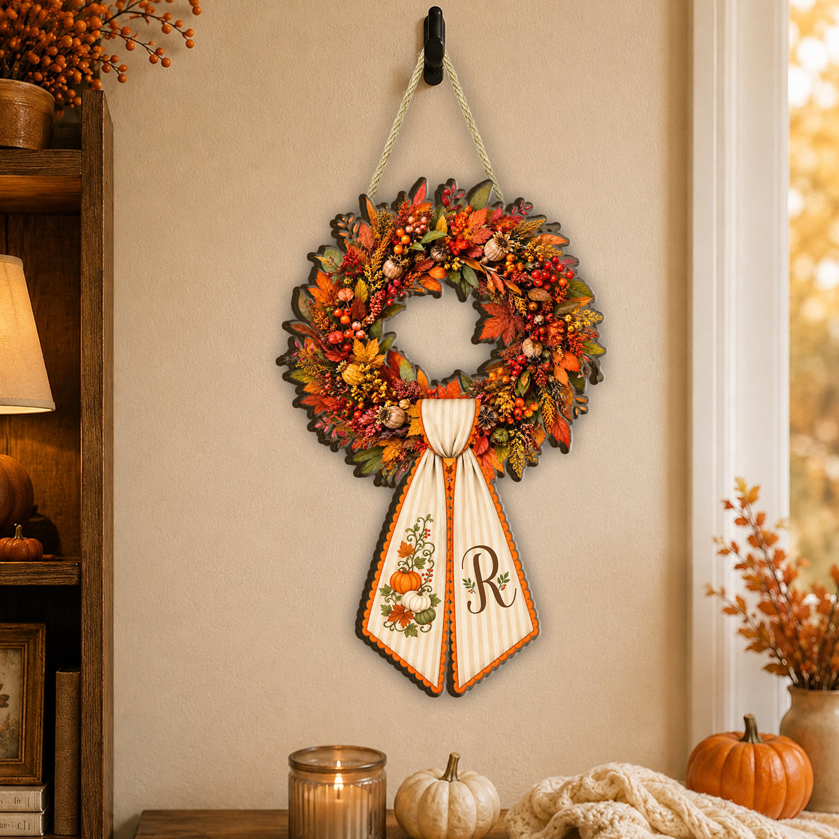 Where Love Gathers, Fall Begins – Personalized Wooden Sign, Pumpkin Door Sign, Family Monogram Keepsake