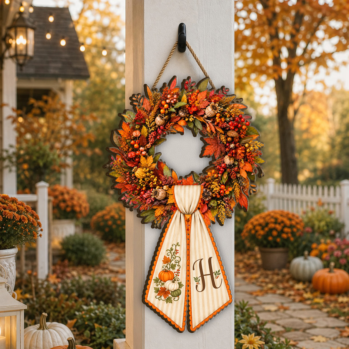 Where Love Gathers, Fall Begins – Personalized Wooden Sign, Pumpkin Door Sign, Family Monogram Keepsake