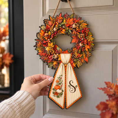 Where Love Gathers, Fall Begins – Personalized Wooden Sign, Pumpkin Door Sign, Family Monogram Keepsake