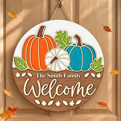 Welcome Home To The Season We Love – Personalized Wooden Sign, Fall Pumpkin Door Sign, Cozy Autumn Family Decor