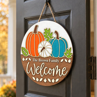 Welcome Home To The Season We Love – Personalized Wooden Sign, Fall Pumpkin Door Sign, Cozy Autumn Family Decor