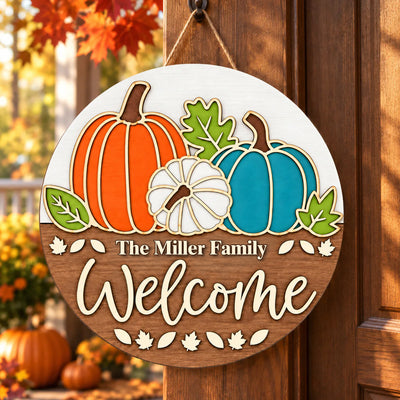 Welcome Home To The Season We Love – Personalized Wooden Sign, Fall Pumpkin Door Sign, Cozy Autumn Family Decor
