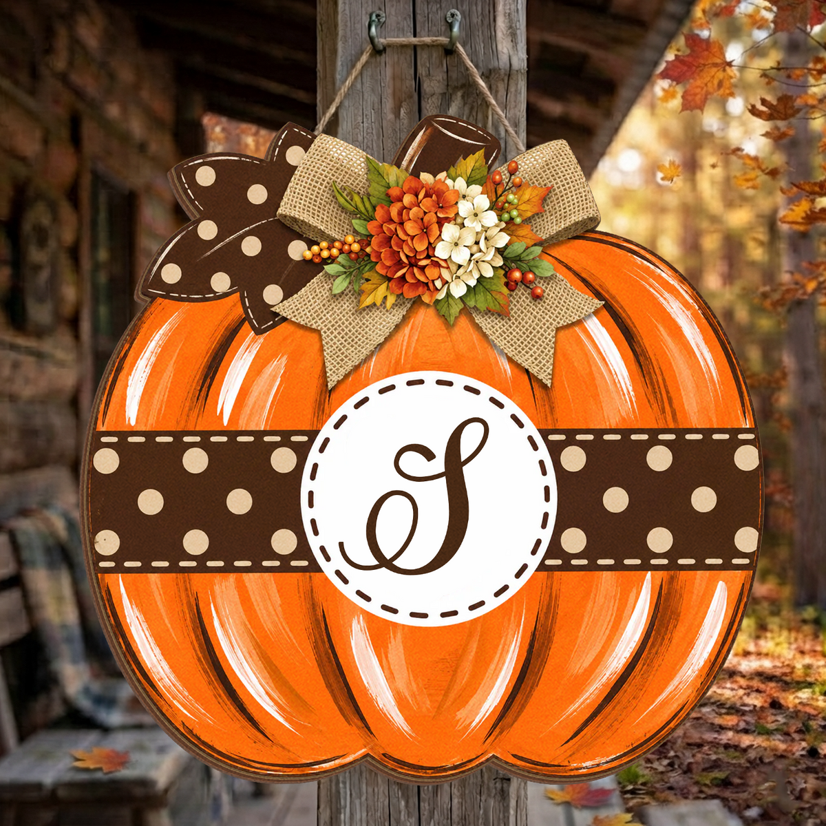 Family Monogram Autumn Home - Personalized Wooden Sign, Custom Initial   Letter, Polka Dot Pumpkin, Family Welcome Fall