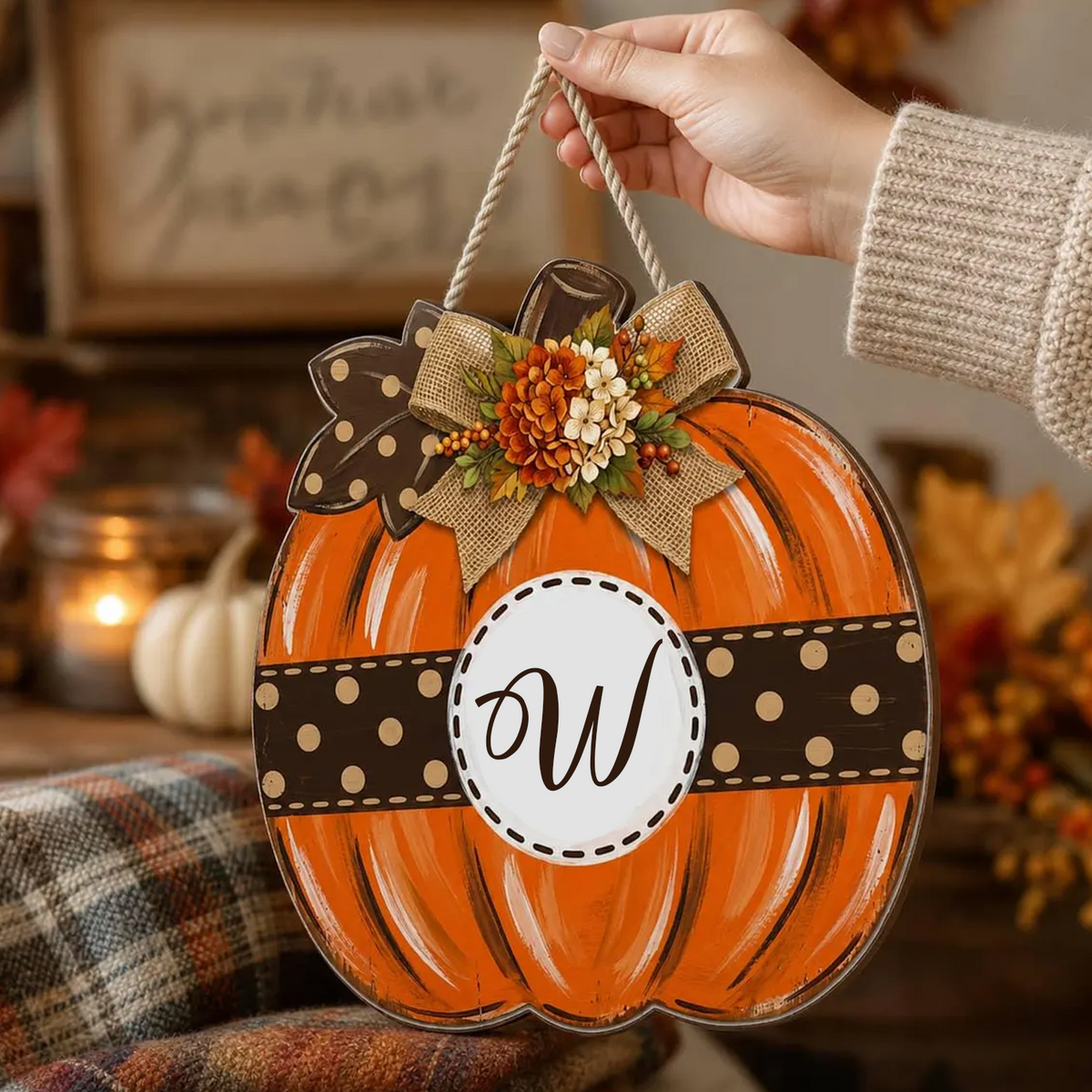 Family Monogram Autumn Home - Personalized Wooden Sign, Custom Initial   Letter, Polka Dot Pumpkin, Family Welcome Fall