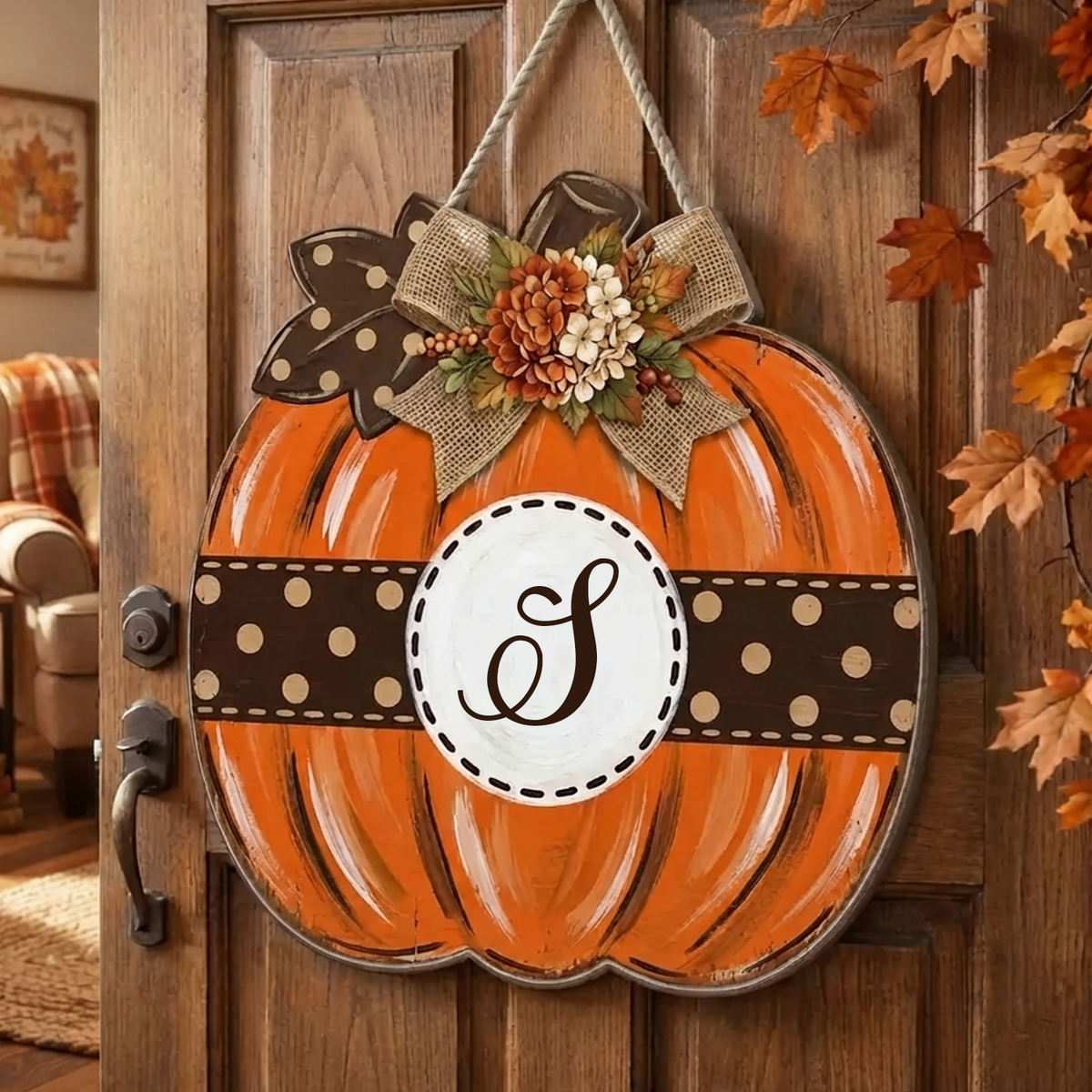 Family Monogram Autumn Home - Personalized Wooden Sign, Custom Initial   Letter, Polka Dot Pumpkin, Family Welcome Fall