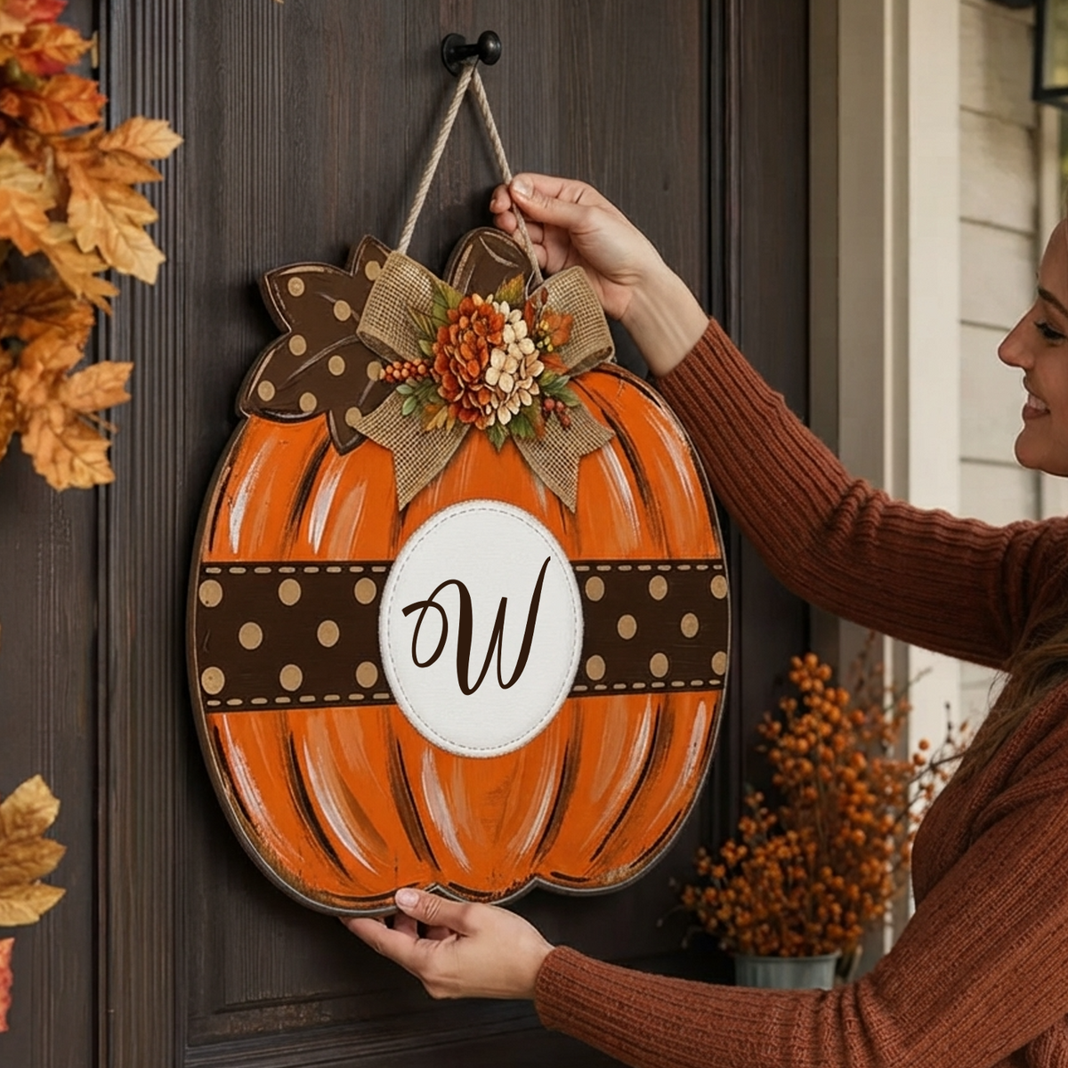 Family Monogram Autumn Home - Personalized Wooden Sign, Custom Initial   Letter, Polka Dot Pumpkin, Family Welcome Fall