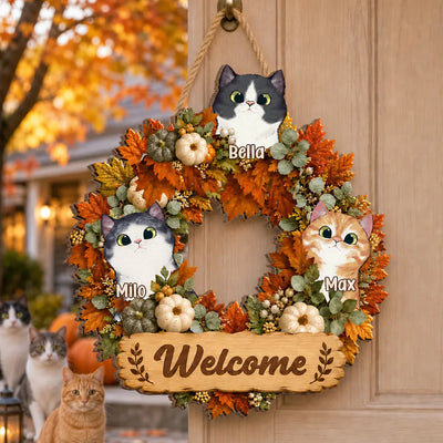 Welcome To Our Home - Personalized Wooden Sign, Cute Autumn Cat Wreath Decor, Creative Gift for Pet Owners