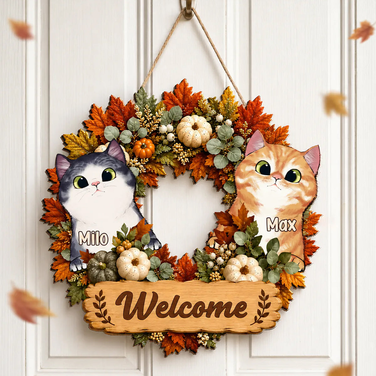 Welcome To Our Home - Personalized Wooden Sign, Cute Autumn Cat Wreath Decor, Creative Gift for Pet Owners