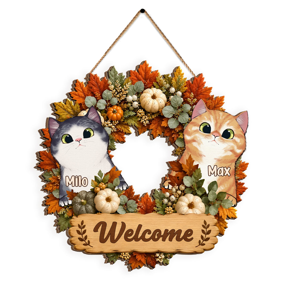 Welcome To Our Home - Personalized Wooden Sign, Cute Autumn Cat Wreath Decor, Creative Gift for Pet Owners