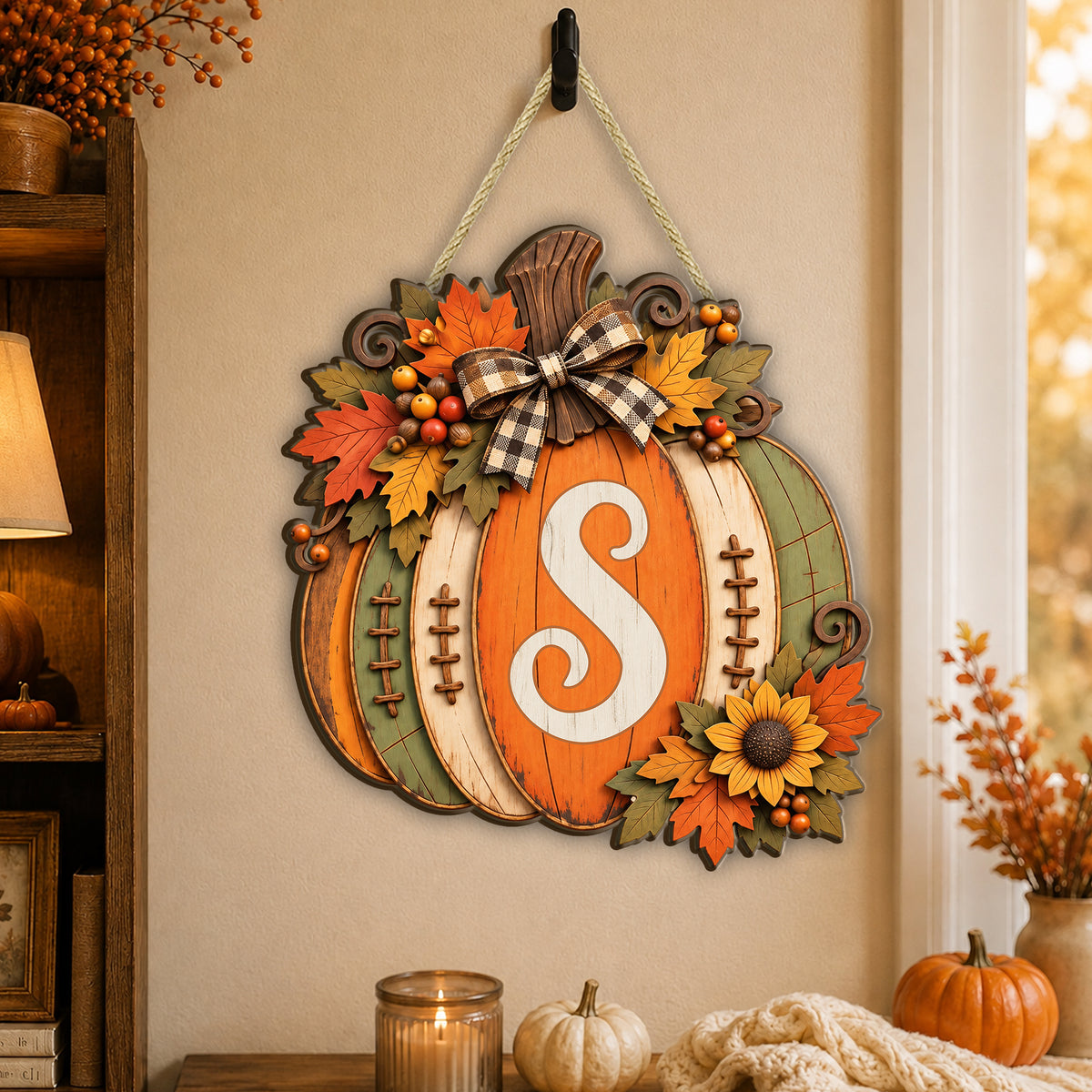 Pumpkin Monogram Initial Wood- Personalized Wooden Sign,Custom Pumpkin Door Hanger,  Fall Front Door Decor, Thanksgiving Wreath Rustic Autumn Wall Art