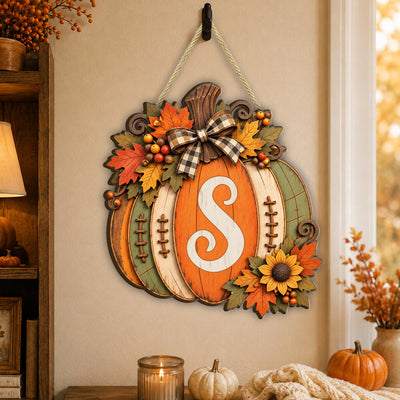 Pumpkin Monogram Initial Wood- Personalized Wooden Sign,Custom Pumpkin Door Hanger,  Fall Front Door Decor, Thanksgiving Wreath Rustic Autumn Wall Art