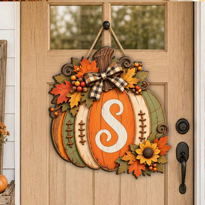 Pumpkin Monogram Initial Wood- Personalized Wooden Sign,Custom Pumpkin Door Hanger,  Fall Front Door Decor, Thanksgiving Wreath Rustic Autumn Wall Art