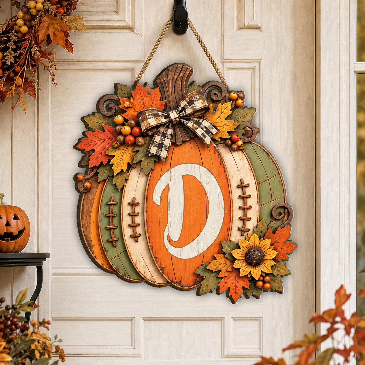 Pumpkin Monogram Initial Wood- Personalized Wooden Sign,Custom Pumpkin Door Hanger,  Fall Front Door Decor, Thanksgiving Wreath Rustic Autumn Wall Art