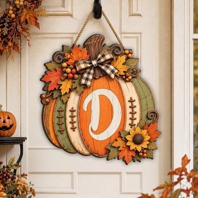 Pumpkin Monogram Initial Wood- Personalized Wooden Sign,Custom Pumpkin Door Hanger,  Fall Front Door Decor, Thanksgiving Wreath Rustic Autumn Wall Art