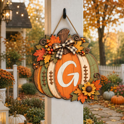 Pumpkin Monogram Initial Wood- Personalized Wooden Sign,Custom Pumpkin Door Hanger,  Fall Front Door Decor, Thanksgiving Wreath Rustic Autumn Wall Art