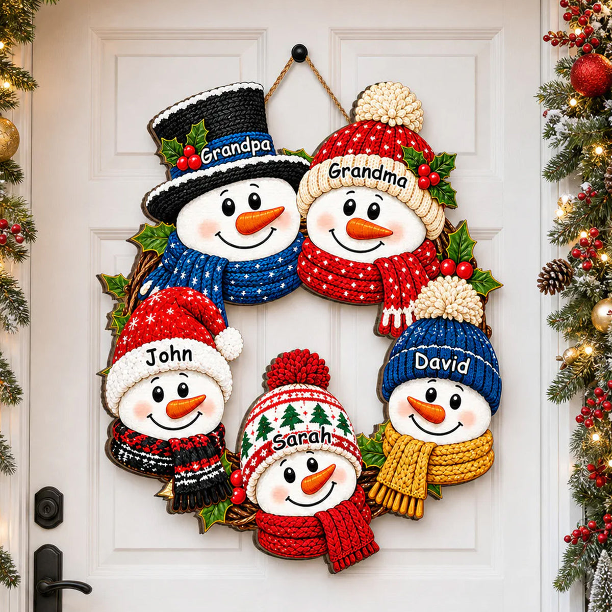 Snowman Wreath With Grandparents- Personalized Wooden Sign, Christmas Decor For Grandparents