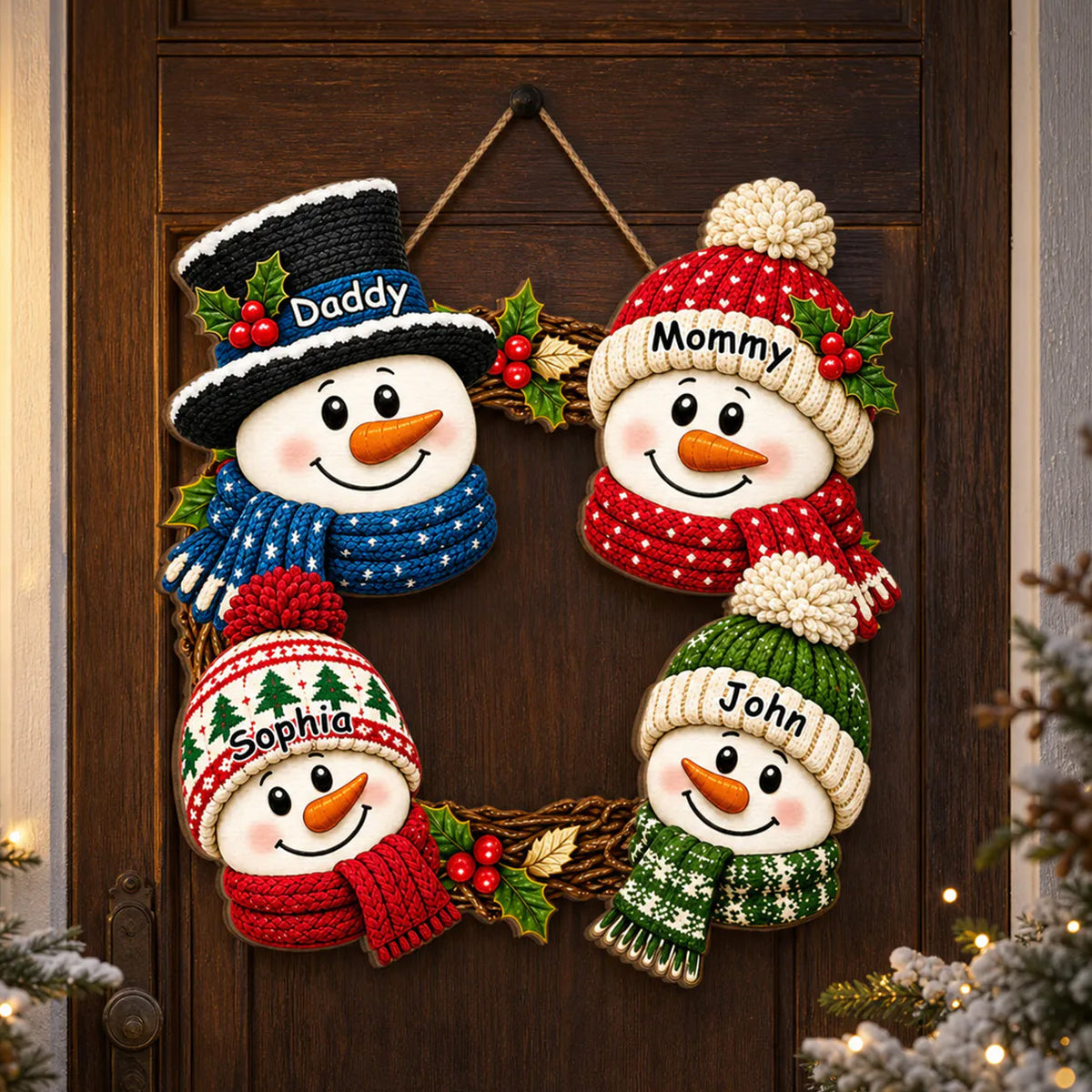 Snowman Wreath With Grandparents- Personalized Wooden Sign, Christmas Decor For Grandparents