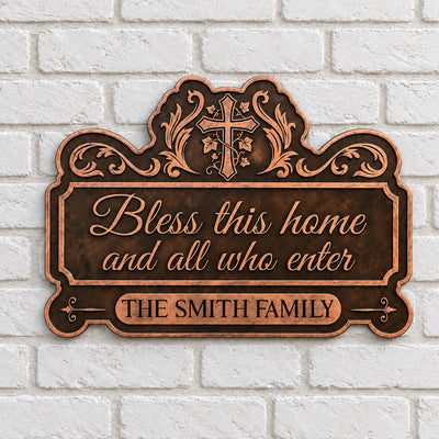 Bless This Home Cross & Vine - Personalized Wood Sign