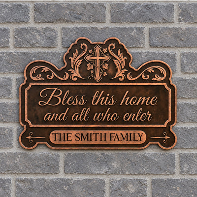 Bless This Home Cross & Vine - Personalized Wood Sign