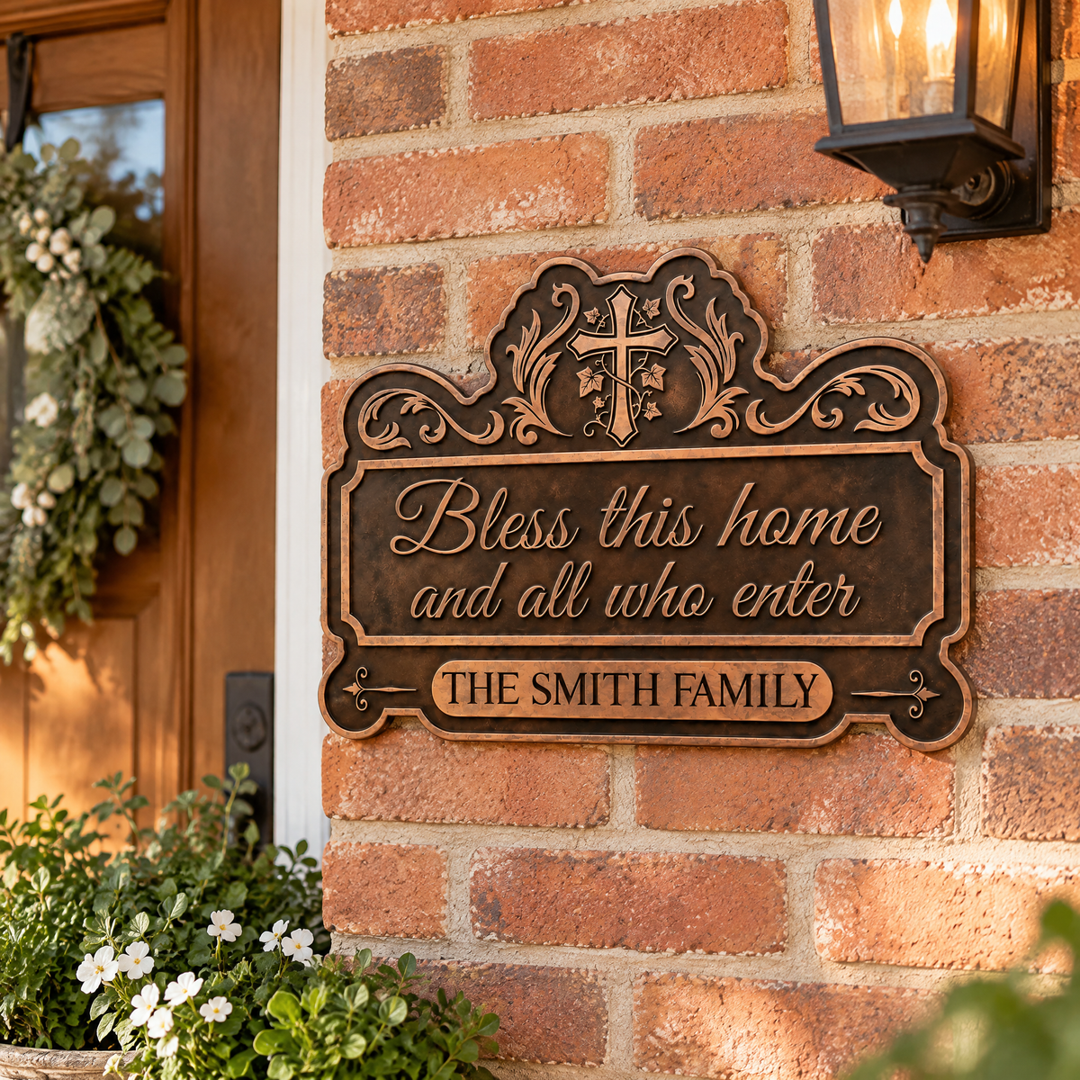 Bless This Home Cross &amp; Vine - Personalized Wood Sign