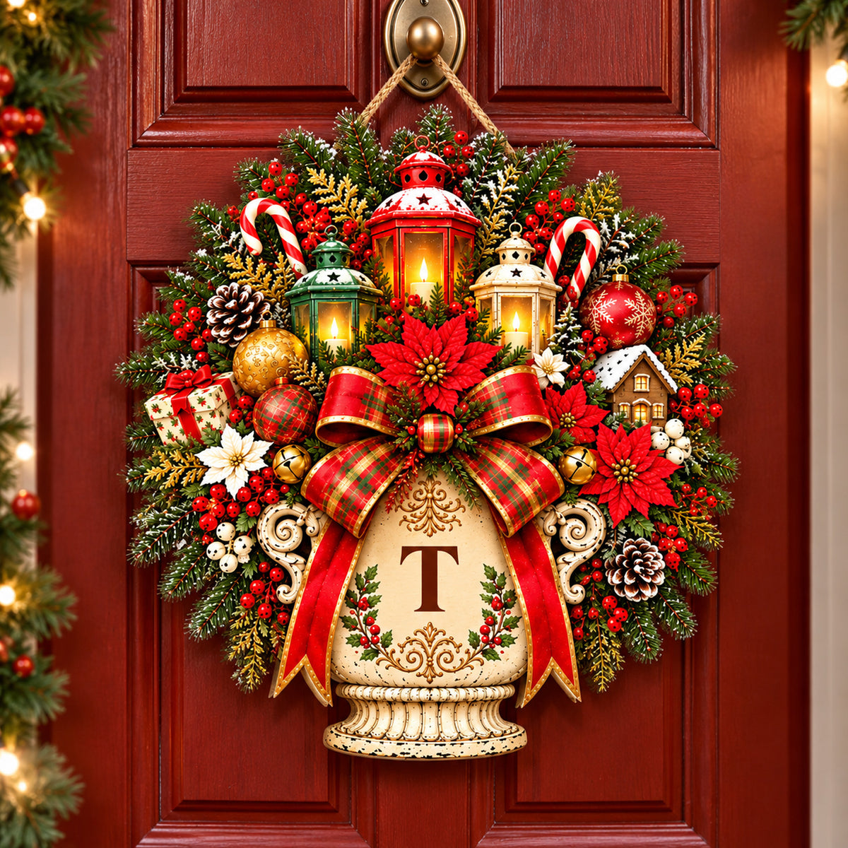 Personalized Christmas wooden door sign with letter T hanging by rope on a red door with garland at the side