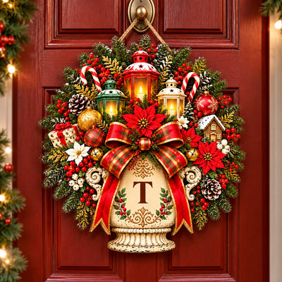 Personalized Christmas wooden door sign with letter T hanging by rope on a red door with garland at the side