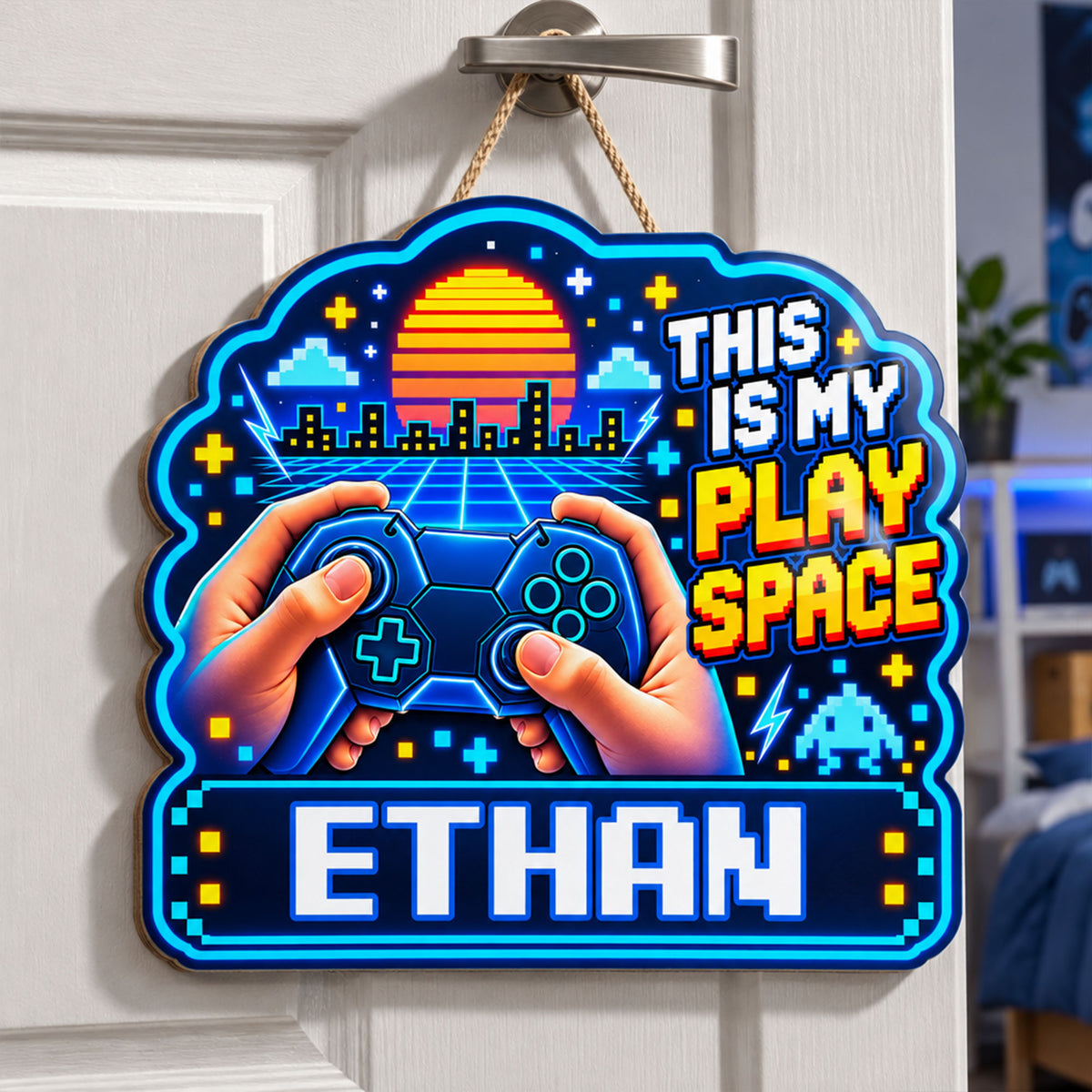 Personalized wooden sign gamer controller in blue hanging from a door handle by a rope, name Ethan