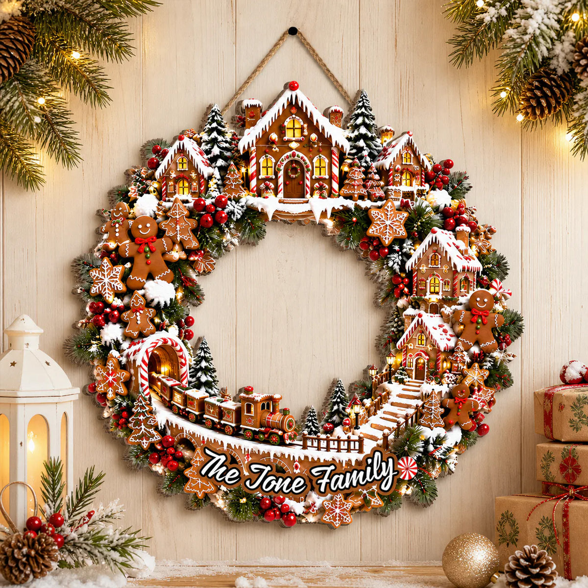 Gingerbread Christmas Wreath- Personalized Wooden Sign,  Gingerbread Village Door Hanger, Christmas Train Wreath, Gingerbread House Decor